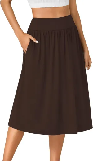 LYANER Women's Elastic High Waist Knee Length A-line Hem Basic Casual Midi Skirt with Pockets