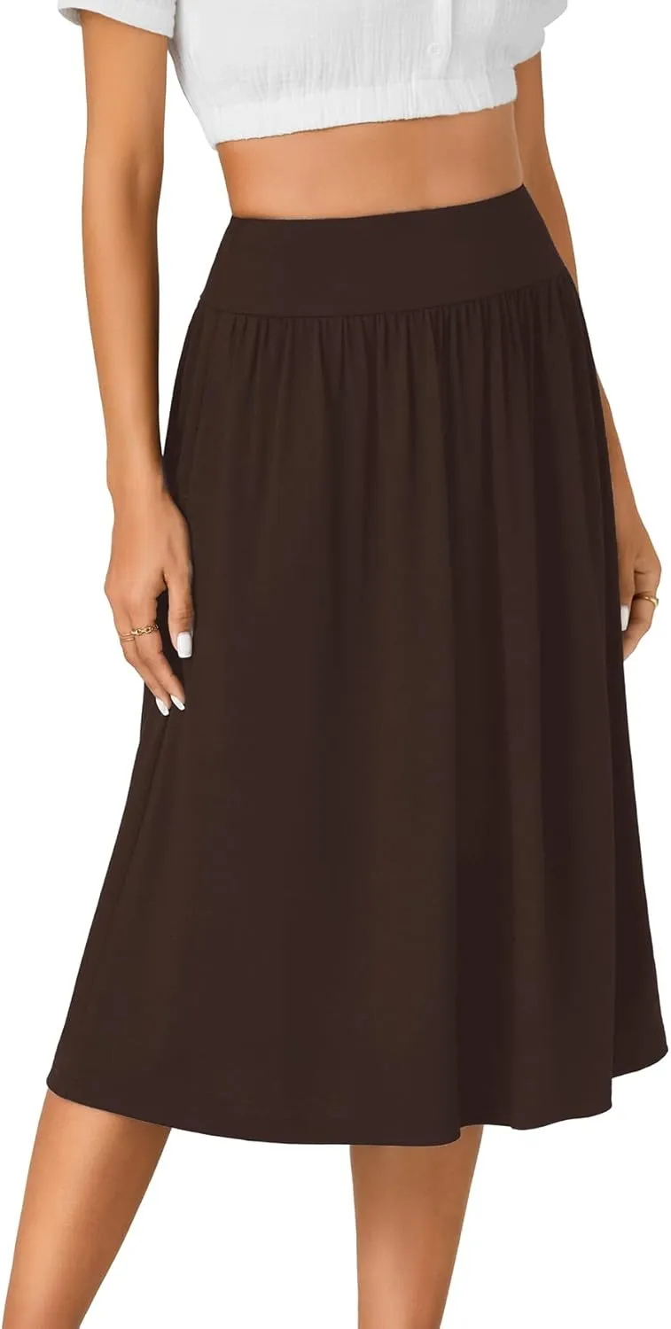 LYANER Women's Elastic High Waist Knee Length A-line Hem Basic Casual Midi Skirt with Pockets