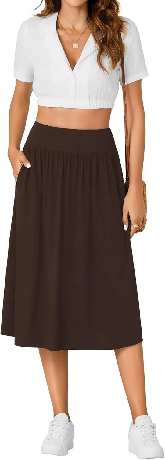 LYANER Women's Elastic High Waist Knee Length A-line Hem Basic Casual Midi Skirt with Pockets
