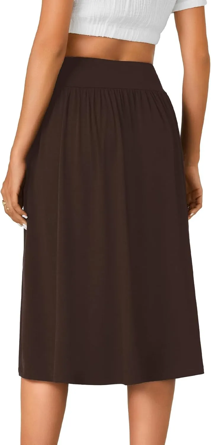 LYANER Women's Elastic High Waist Knee Length A-line Hem Basic Casual Midi Skirt with Pockets