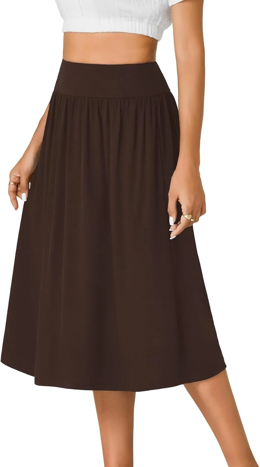 LYANER Women's Elastic High Waist Knee Length A-line Hem Basic Casual Midi Skirt with Pockets