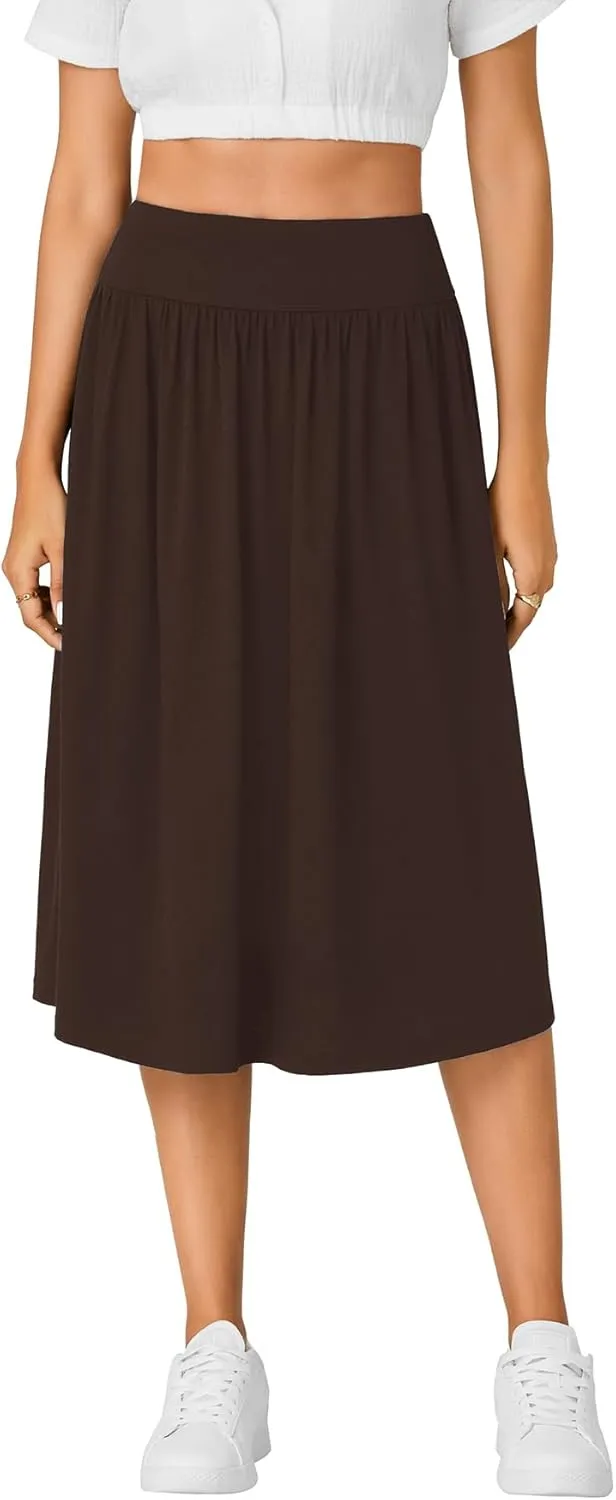 LYANER Women's Elastic High Waist Knee Length A-line Hem Basic Casual Midi Skirt with Pockets