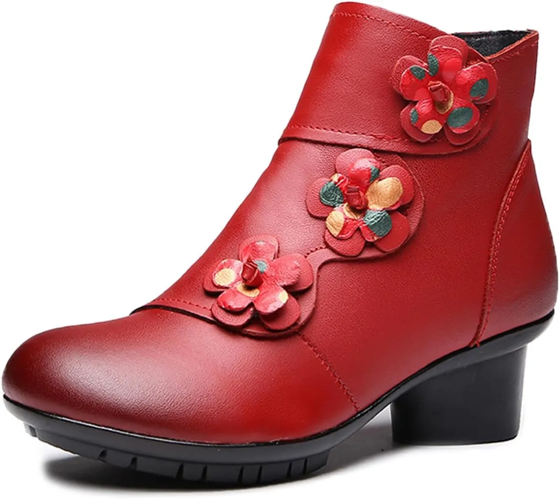 Lymphvity Women's Hand-Stitching Boot Flowers Chunky Heel Ankle Boots Vintage Side Zipper Block Heel Ethnic Style Booties