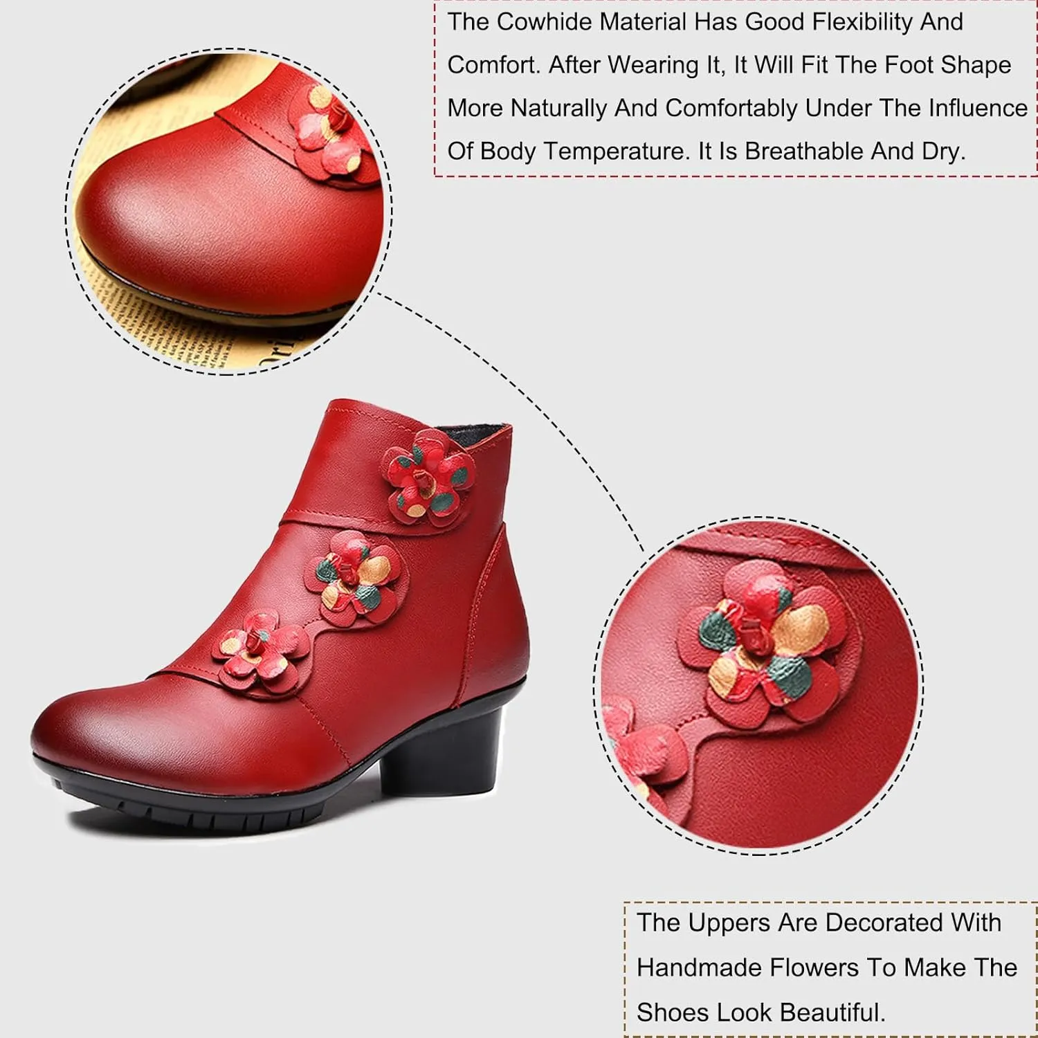 Lymphvity Women's Hand-Stitching Boot Flowers Chunky Heel Ankle Boots Vintage Side Zipper Block Heel Ethnic Style Booties