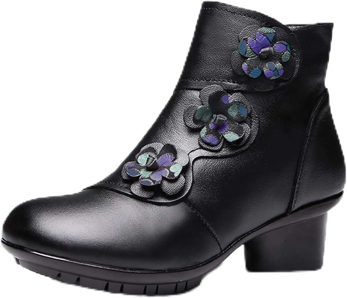 Lymphvity Women's Hand-Stitching Boot Flowers Chunky Heel Ankle Boots Vintage Side Zipper Block Heel Ethnic Style Booties