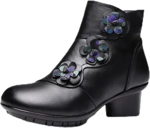 Lymphvity Women's Hand-Stitching Boot Flowers Chunky Heel Ankle Boots Vintage Side Zipper Block Heel Ethnic Style Booties