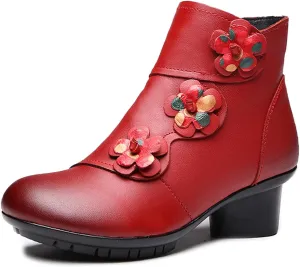 Lymphvity Women's Hand-Stitching Boot Flowers Chunky Heel Ankle Boots Vintage Side Zipper Block Heel Ethnic Style Booties