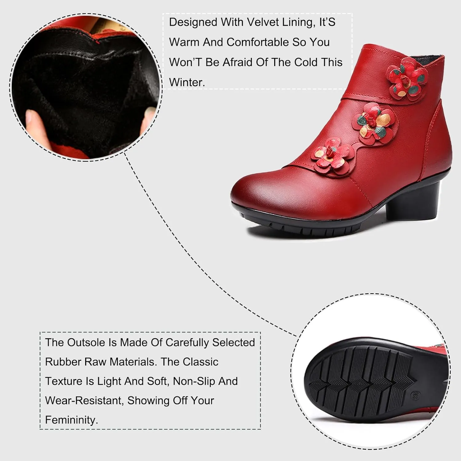 Lymphvity Women's Hand-Stitching Boot Flowers Chunky Heel Ankle Boots Vintage Side Zipper Block Heel Ethnic Style Booties