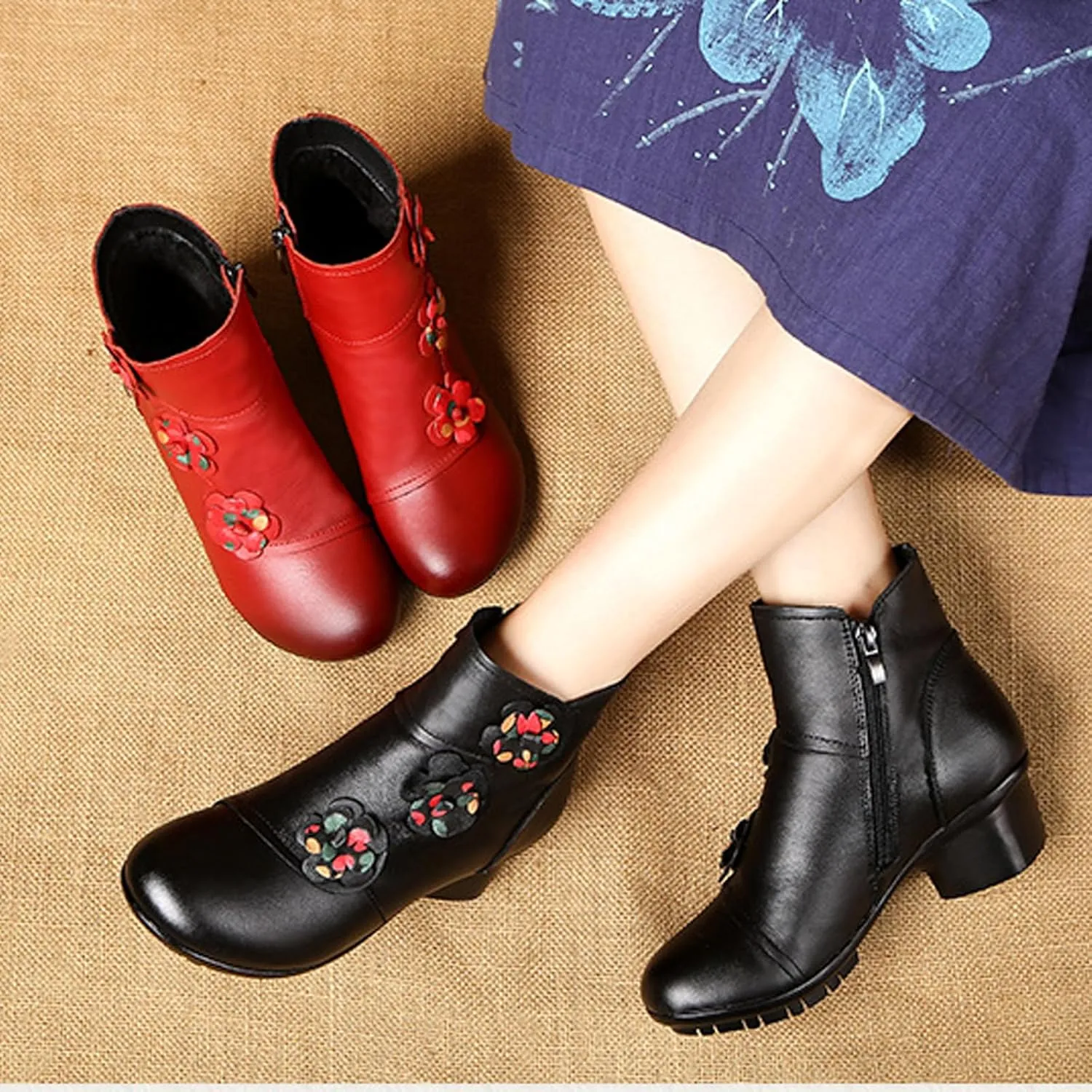 Lymphvity Women's Hand-Stitching Boot Flowers Chunky Heel Ankle Boots Vintage Side Zipper Block Heel Ethnic Style Booties