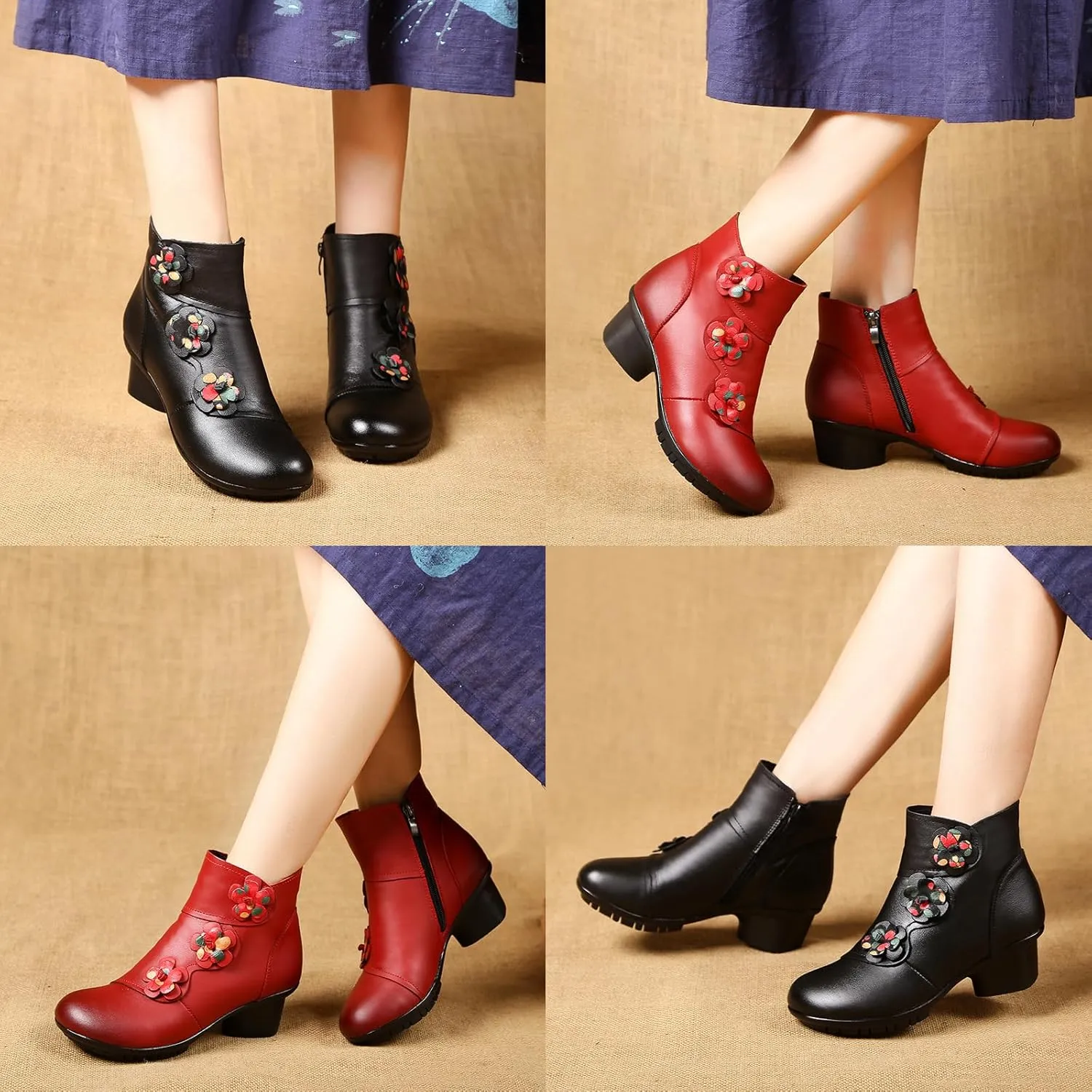 Lymphvity Women's Hand-Stitching Boot Flowers Chunky Heel Ankle Boots Vintage Side Zipper Block Heel Ethnic Style Booties
