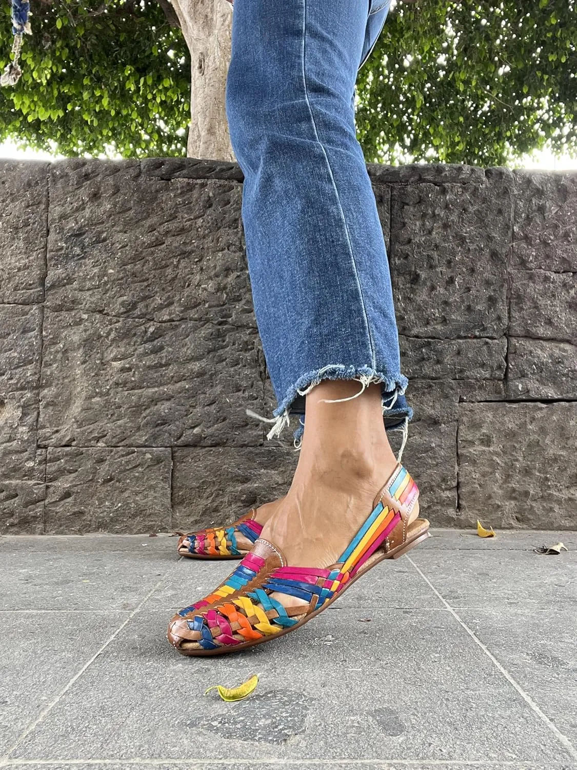 Macarena Collection Sandals women Huarache Sandal Colorful Leather Mexican Style Color Black 078