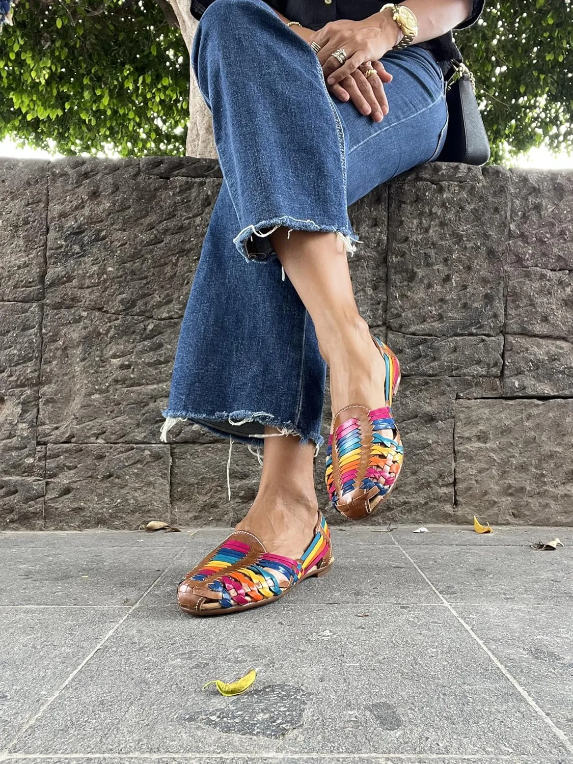 Macarena Collection Sandals women Huarache Sandal Colorful Leather Mexican Style Color Black 078
