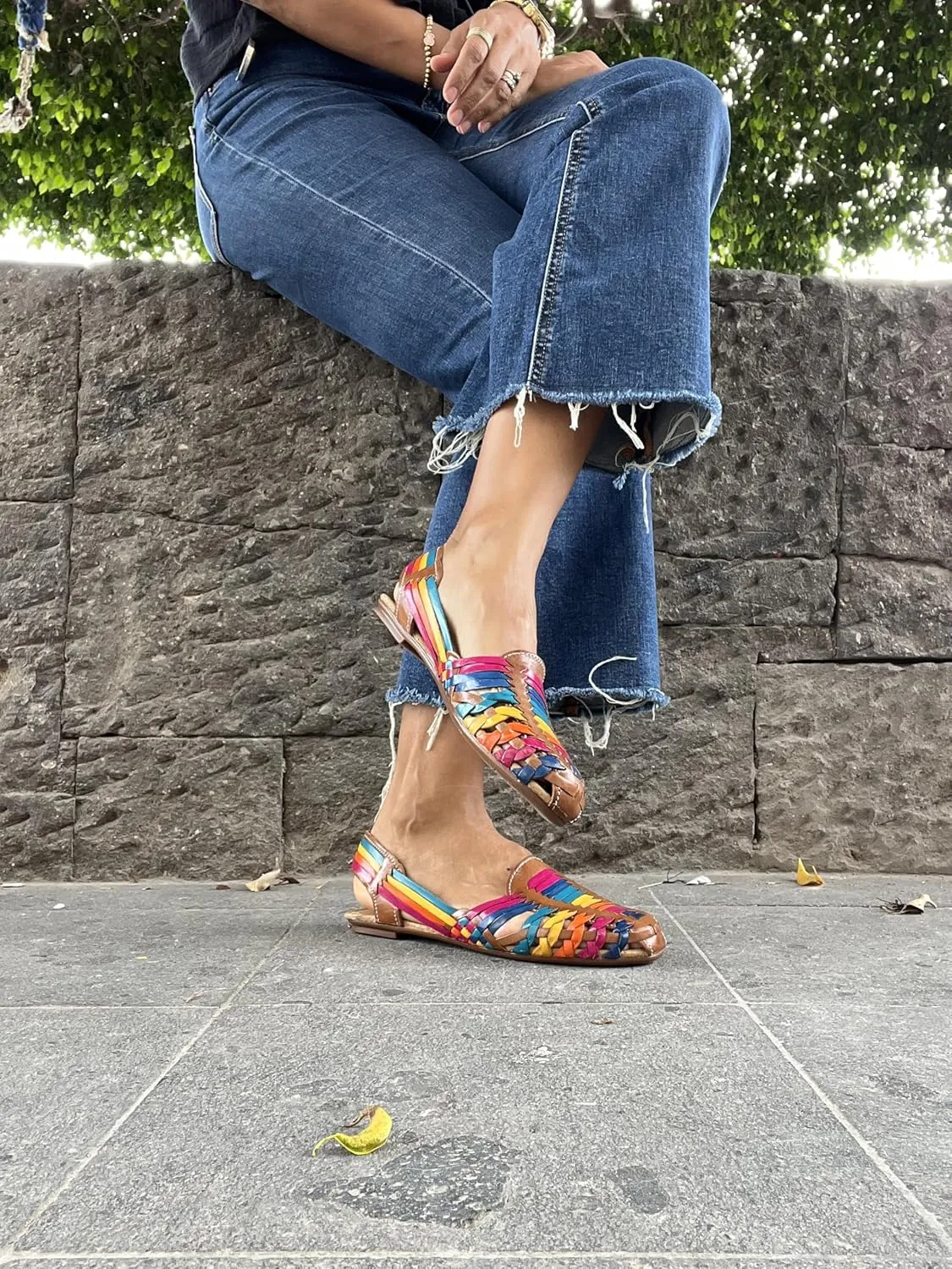 Macarena Collection Sandals women Huarache Sandal Colorful Leather Mexican Style Color Black 078