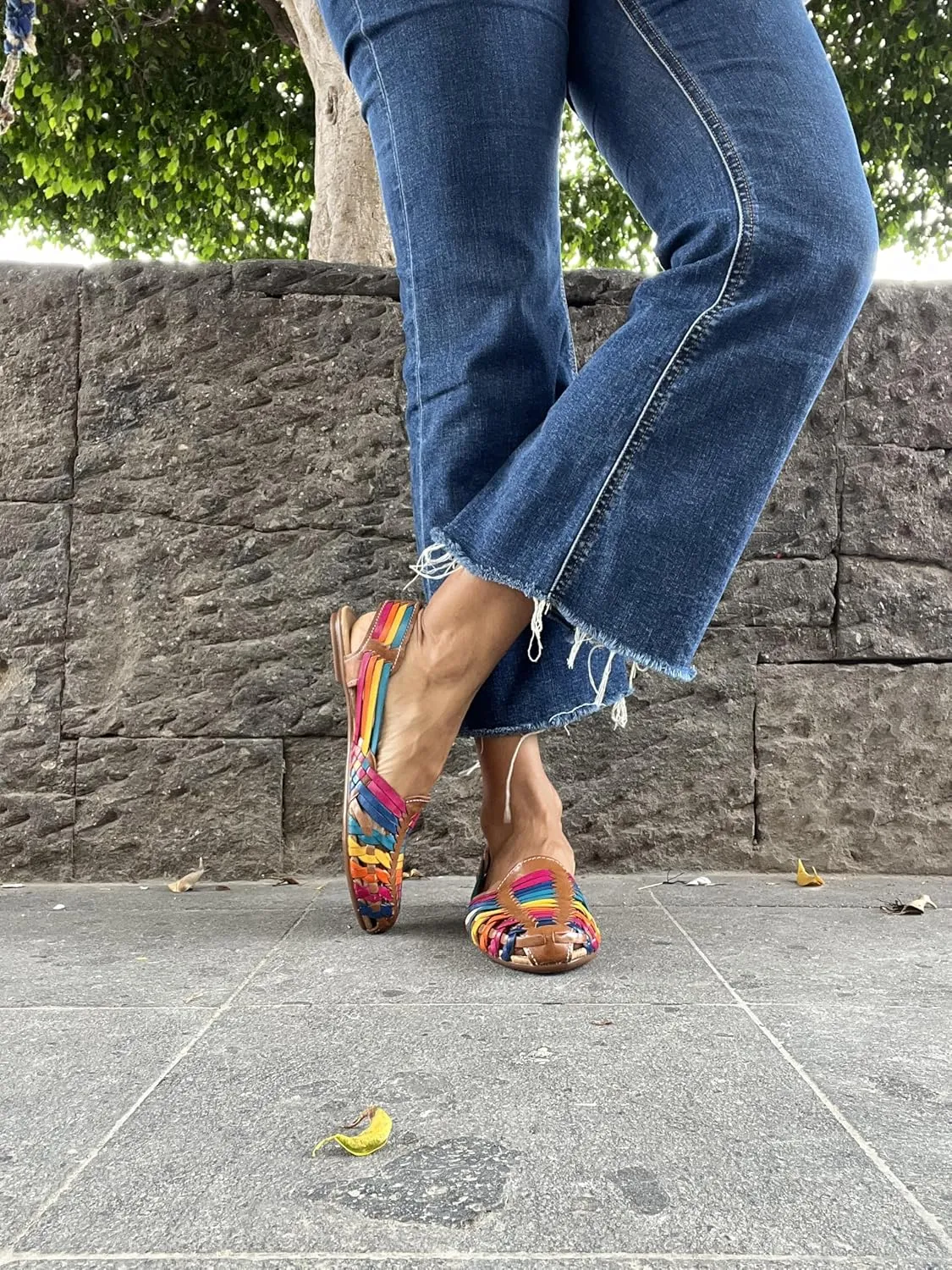 Macarena Collection Sandals women Huarache Sandal Colorful Leather Mexican Style Color Black 078