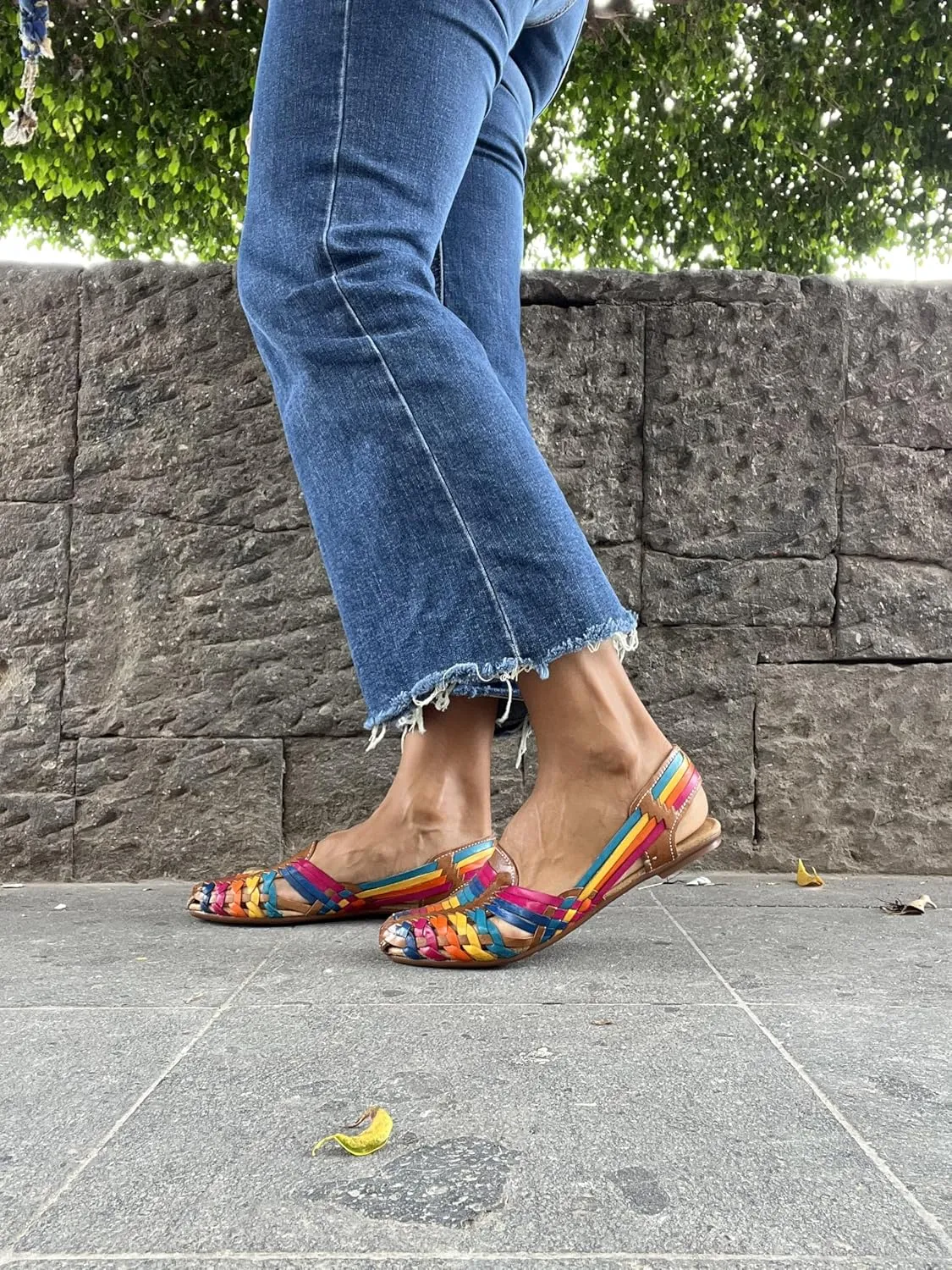 Macarena Collection Sandals women Huarache Sandal Colorful Leather Mexican Style Color Black 078