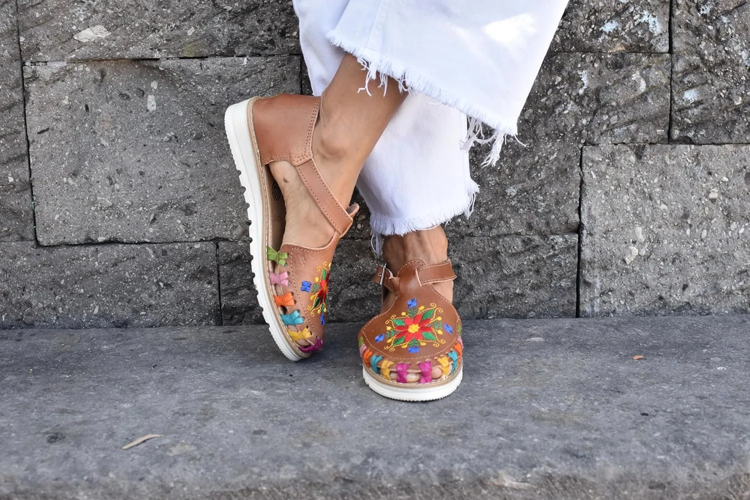 Macarena Collection Sandals women Huarache Sandal Colorful Leather Mexican Style Embroidered Flowers B230