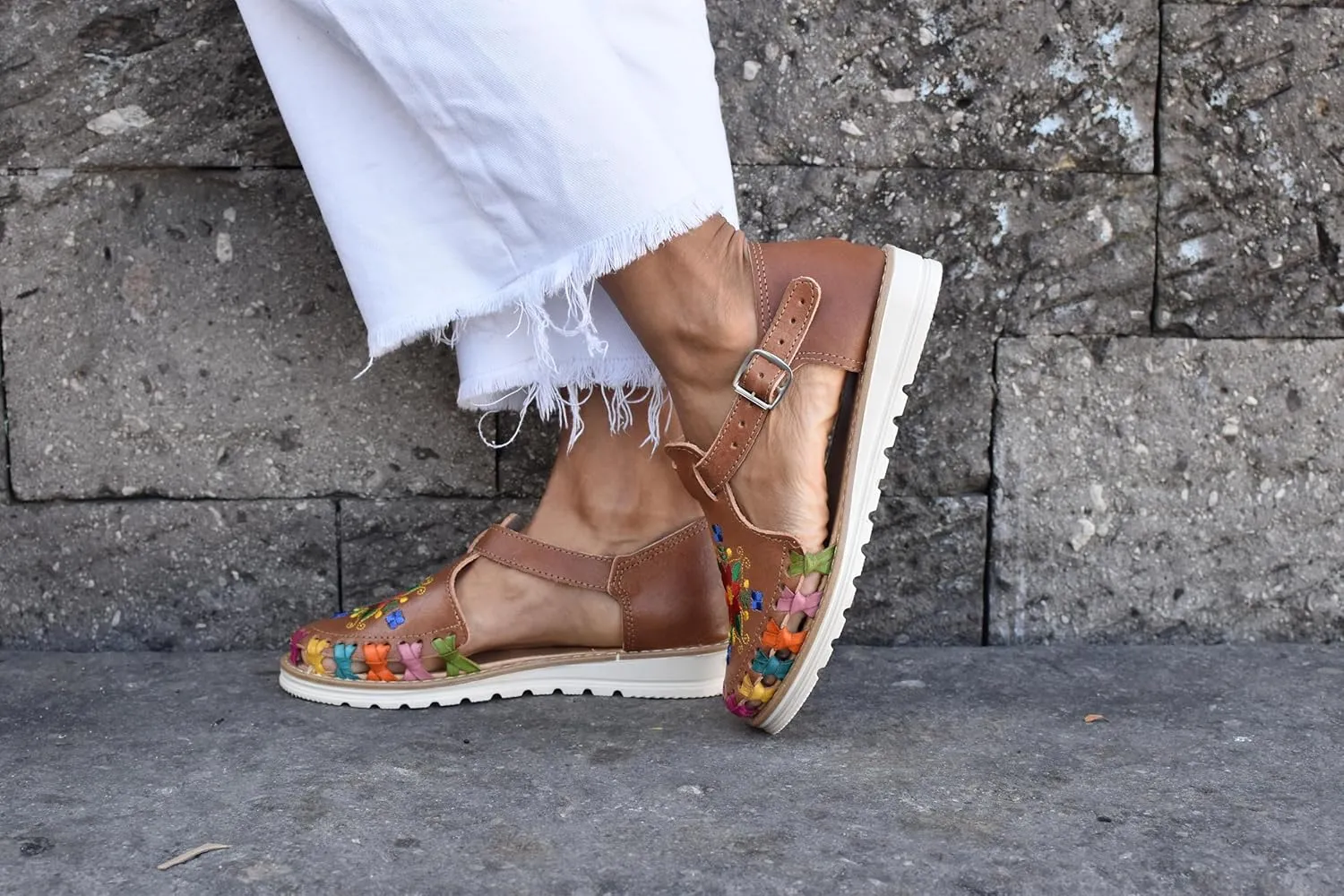 Macarena Collection Sandals women Huarache Sandal Colorful Leather Mexican Style Embroidered Flowers B230