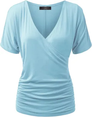 Made By Johnny Women's V Neck Short Sleeve Wrap Front Drape Dolman Tunic Top