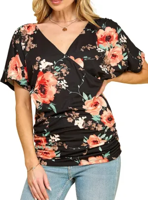 Made By Johnny Women's V Neck Short Sleeve Wrap Front Drape Dolman Tunic Top