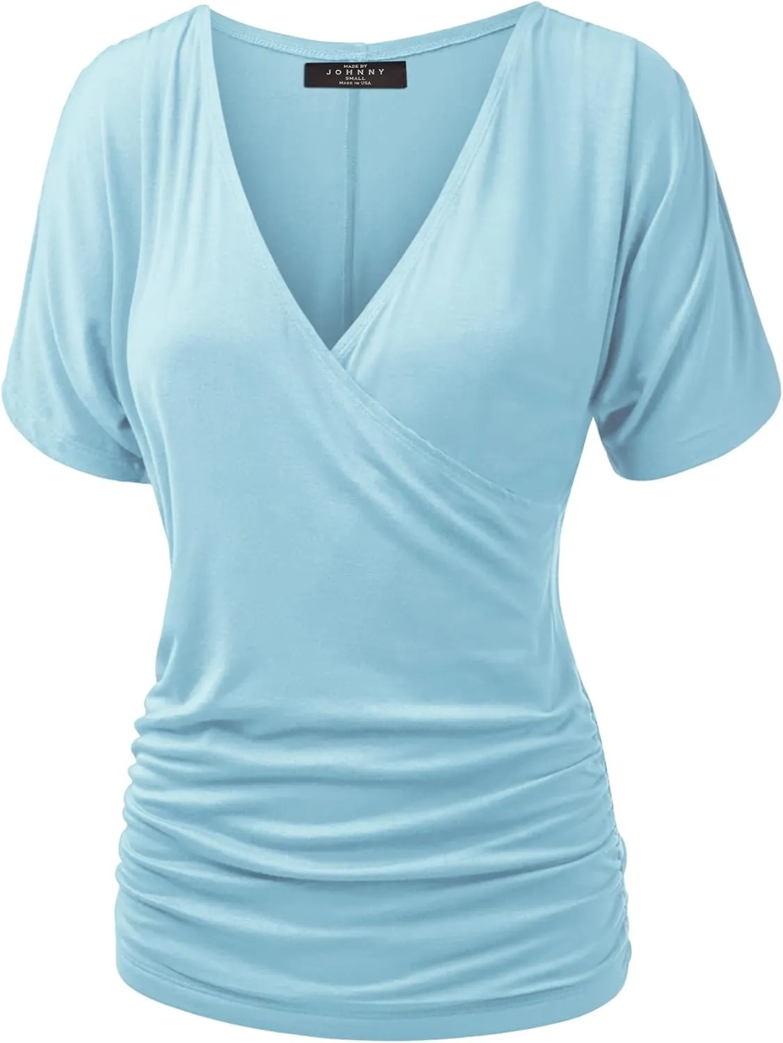 Made By Johnny Women's V Neck Short Sleeve Wrap Front Drape Dolman Tunic Top