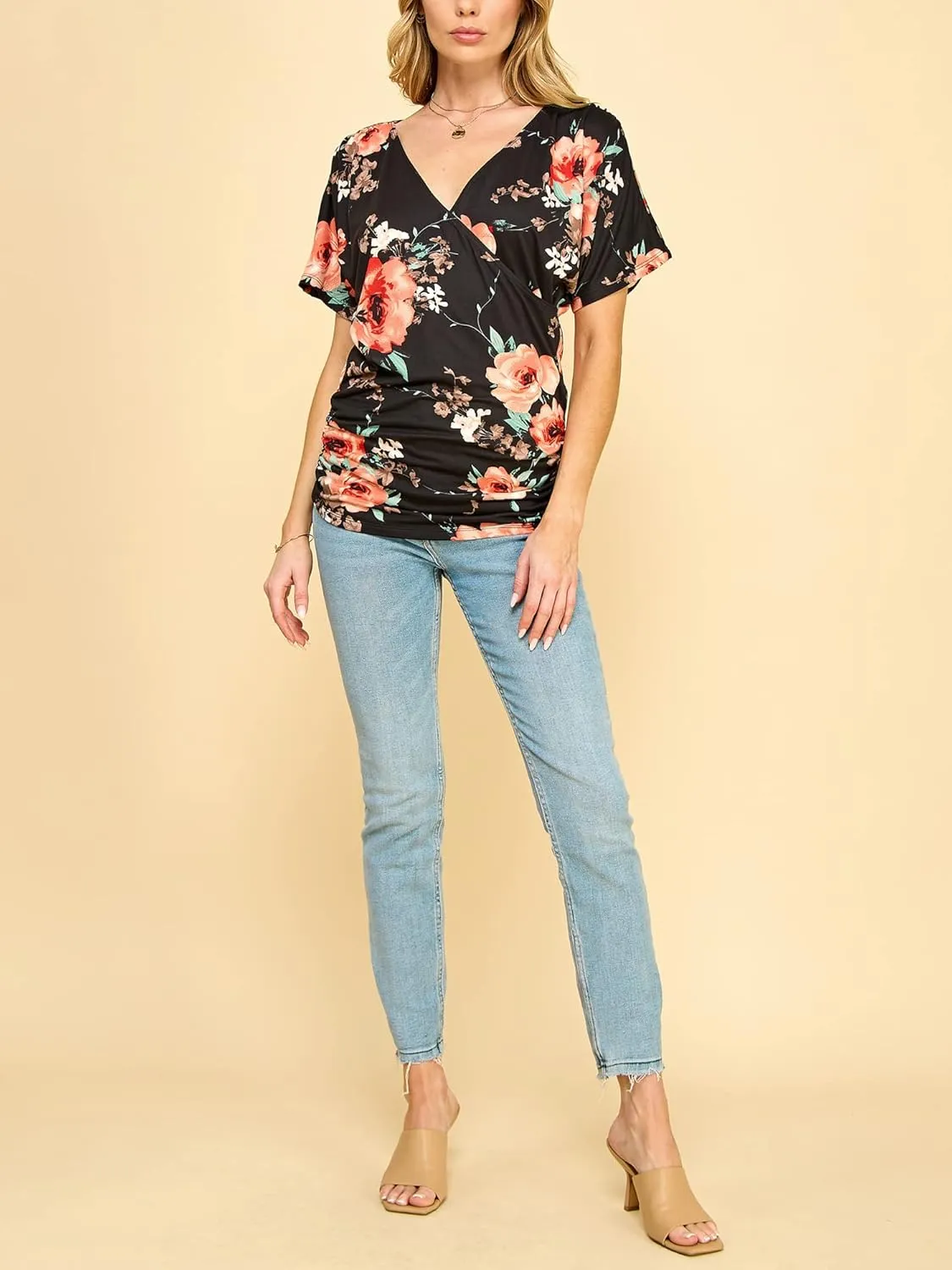 Made By Johnny Women's V Neck Short Sleeve Wrap Front Drape Dolman Tunic Top