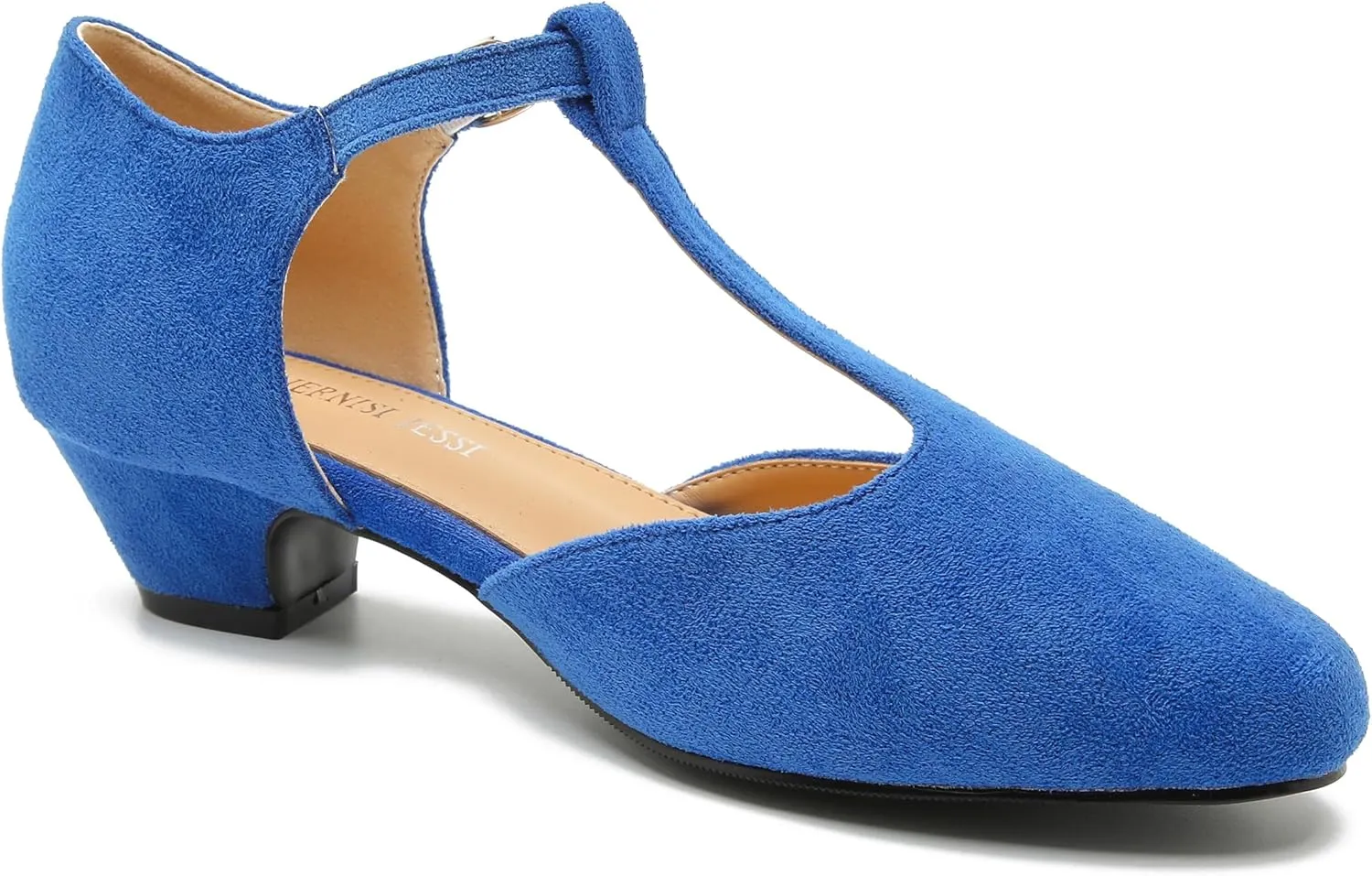 MAIERNISI JESSI Women's T-Strap Low Chunky Heel Mary Jane Pumps Cut Out Wedding Dress Shoes