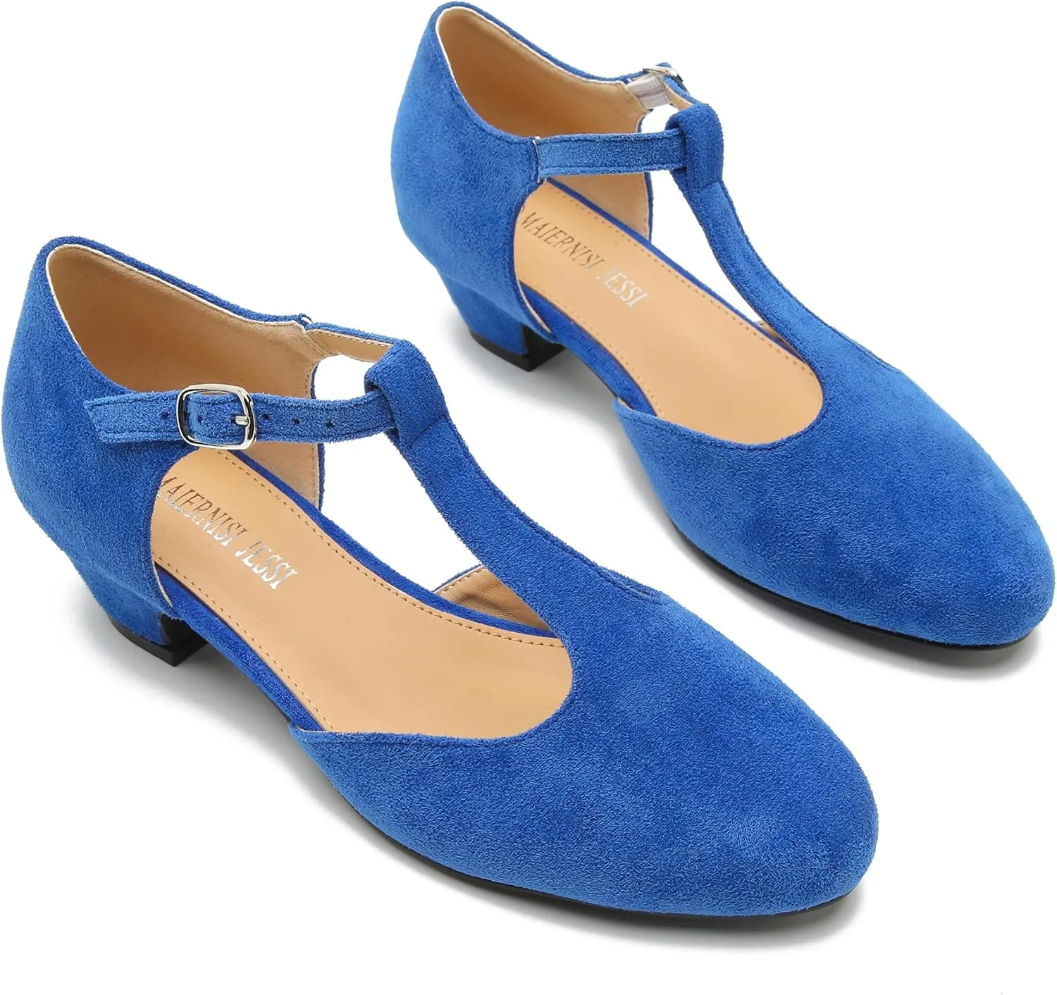 MAIERNISI JESSI Women's T-Strap Low Chunky Heel Mary Jane Pumps Cut Out Wedding Dress Shoes