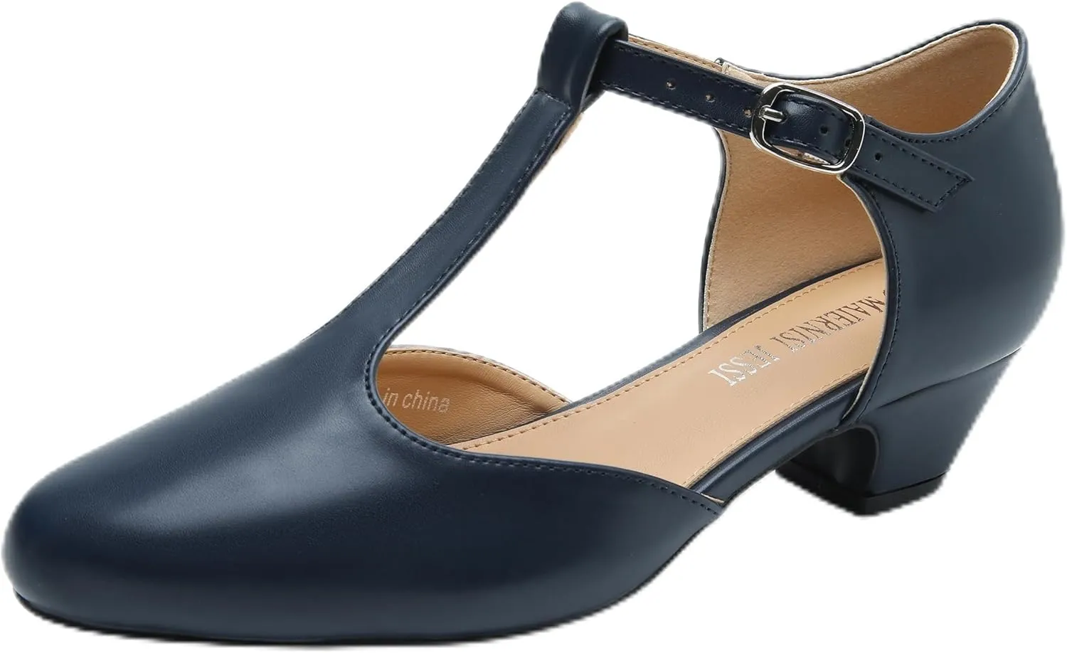 MAIERNISI JESSI Women's T-Strap Low Chunky Heel Mary Jane Pumps Cut Out Wedding Dress Shoes