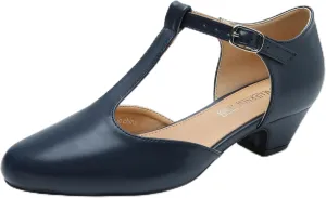 MAIERNISI JESSI Women's T-Strap Low Chunky Heel Mary Jane Pumps Cut Out Wedding Dress Shoes