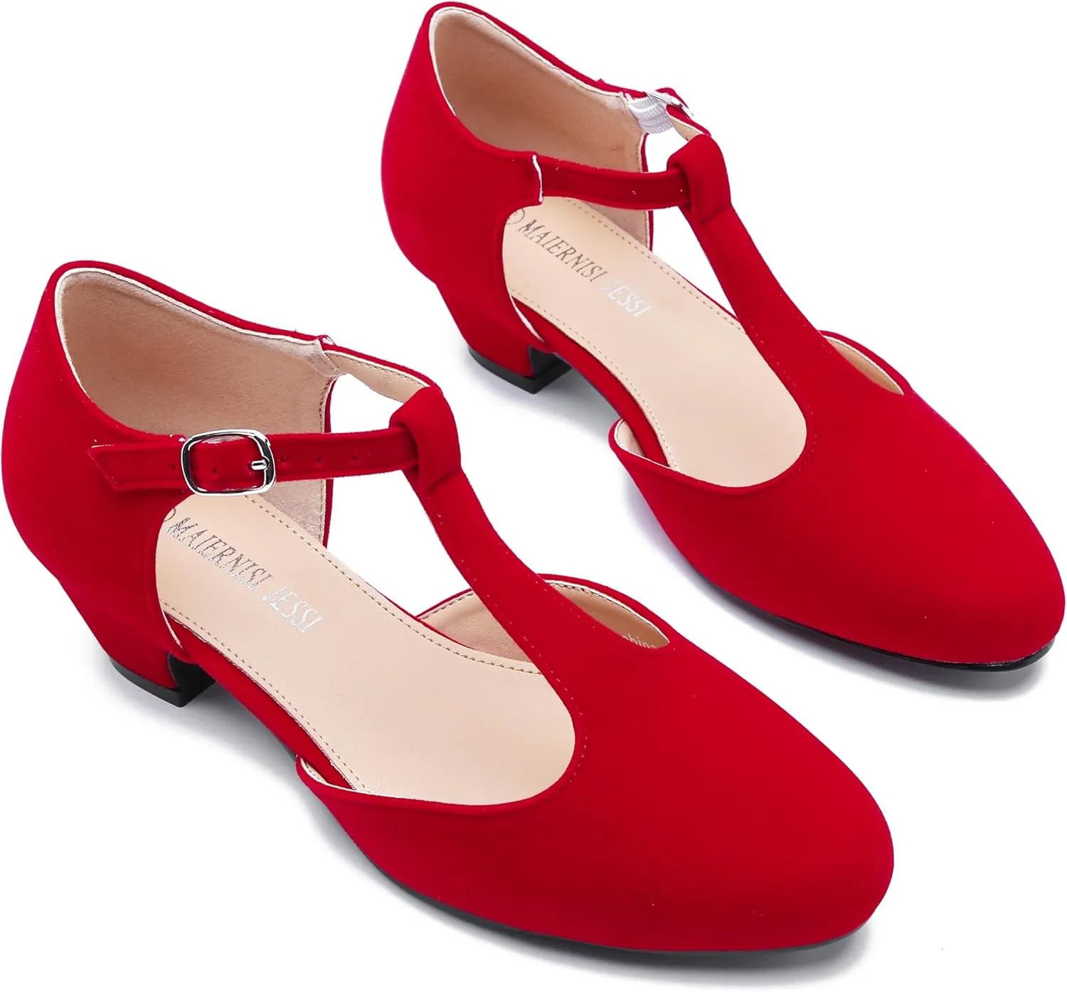 MAIERNISI JESSI Women's T-Strap Low Chunky Heel Mary Jane Pumps Cut Out Wedding Dress Shoes
