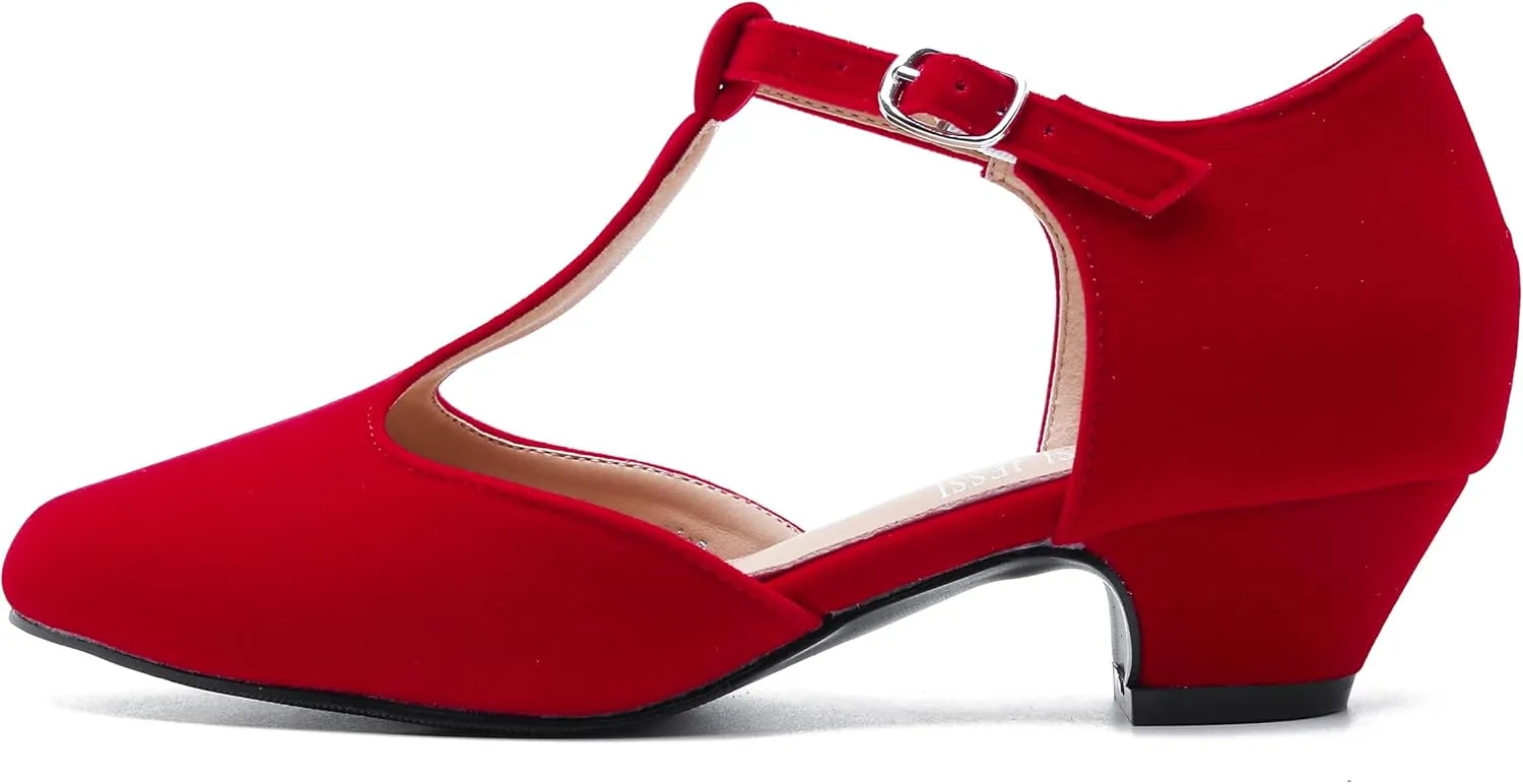 MAIERNISI JESSI Women's T-Strap Low Chunky Heel Mary Jane Pumps Cut Out Wedding Dress Shoes