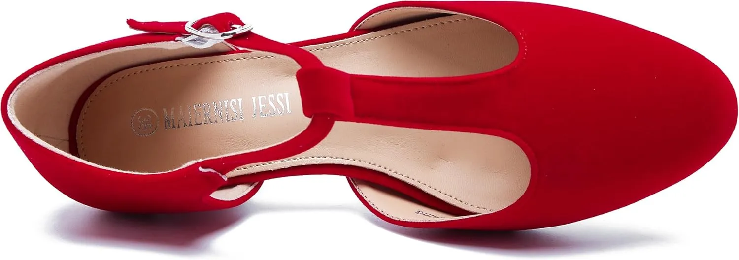 MAIERNISI JESSI Women's T-Strap Low Chunky Heel Mary Jane Pumps Cut Out Wedding Dress Shoes