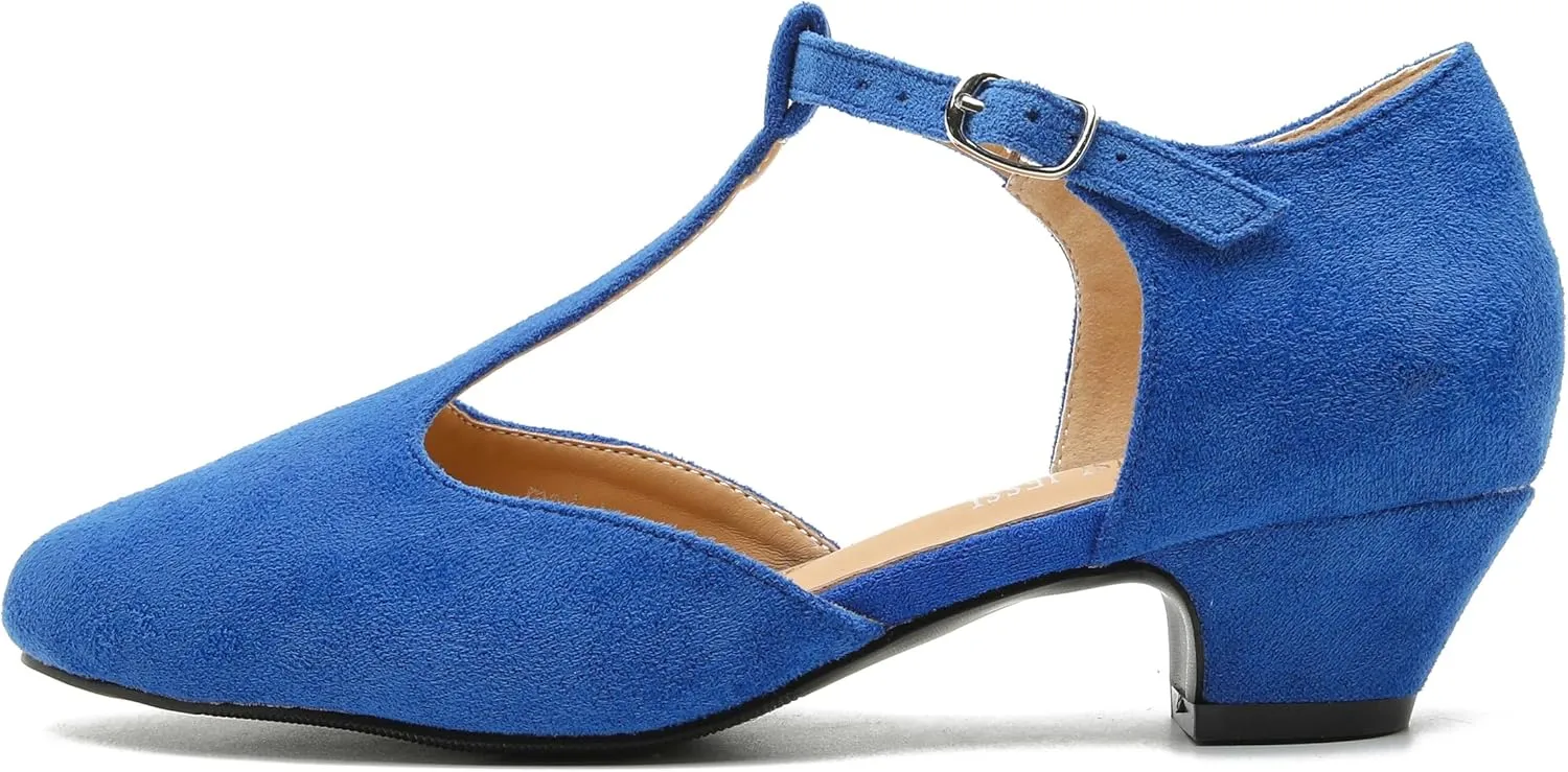 MAIERNISI JESSI Women's T-Strap Low Chunky Heel Mary Jane Pumps Cut Out Wedding Dress Shoes