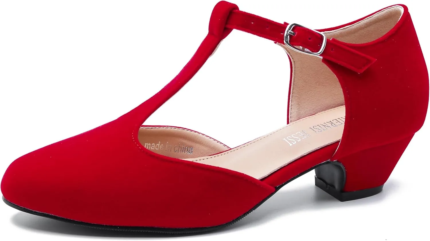 MAIERNISI JESSI Women's T-Strap Low Chunky Heel Mary Jane Pumps Cut Out Wedding Dress Shoes