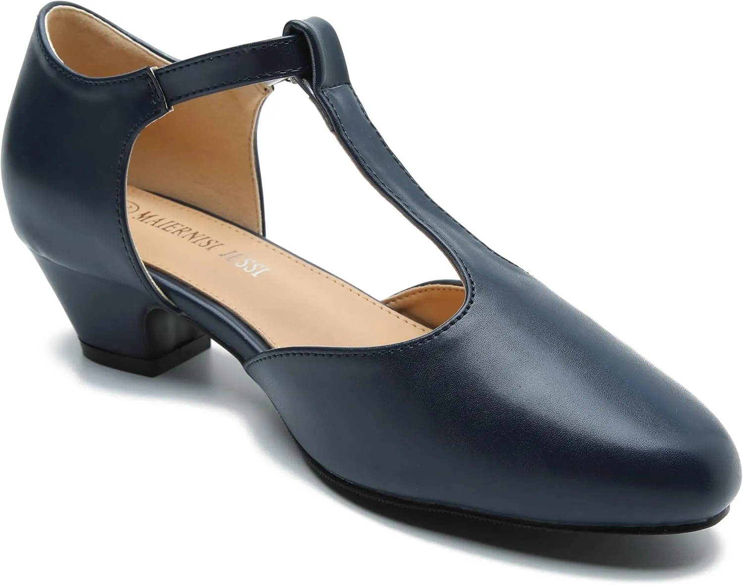MAIERNISI JESSI Women's T-Strap Low Chunky Heel Mary Jane Pumps Cut Out Wedding Dress Shoes