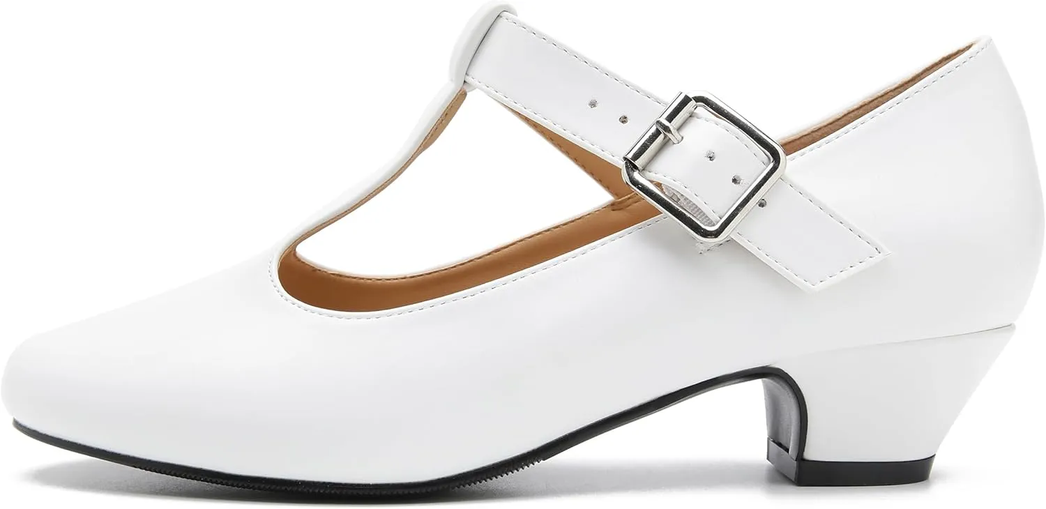 MAIERNISI JESSI Women's T-Strap Mary Jane Pumps Low Chunky Heel Wedding Dress Shoes