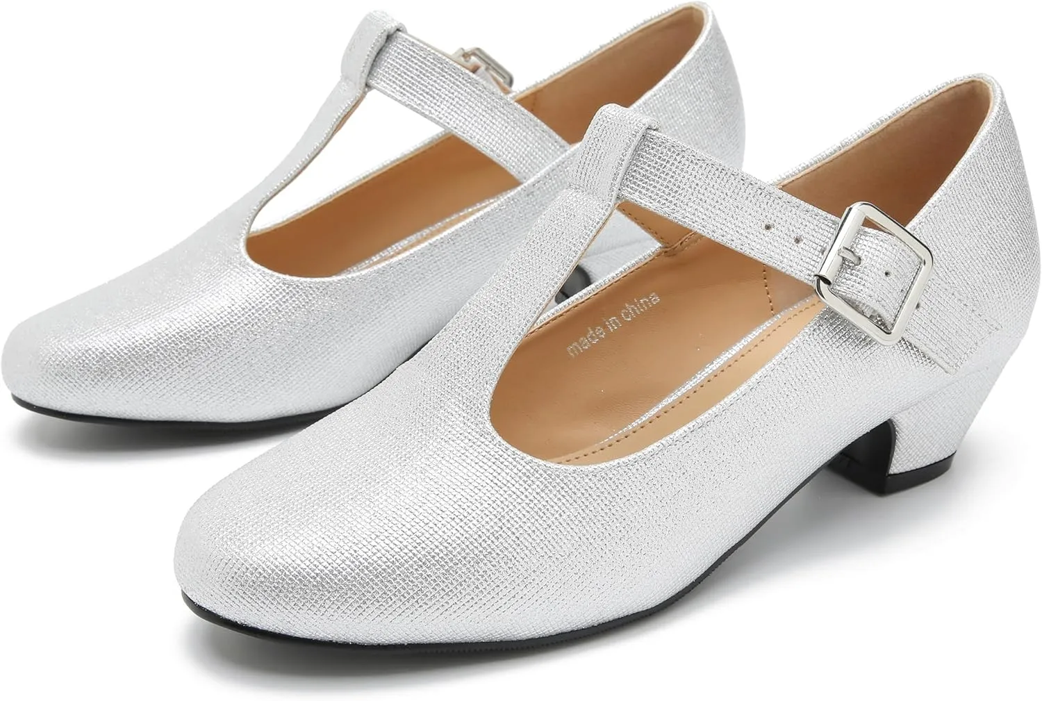 MAIERNISI JESSI Women's T-Strap Mary Jane Pumps Low Chunky Heel Wedding Dress Shoes
