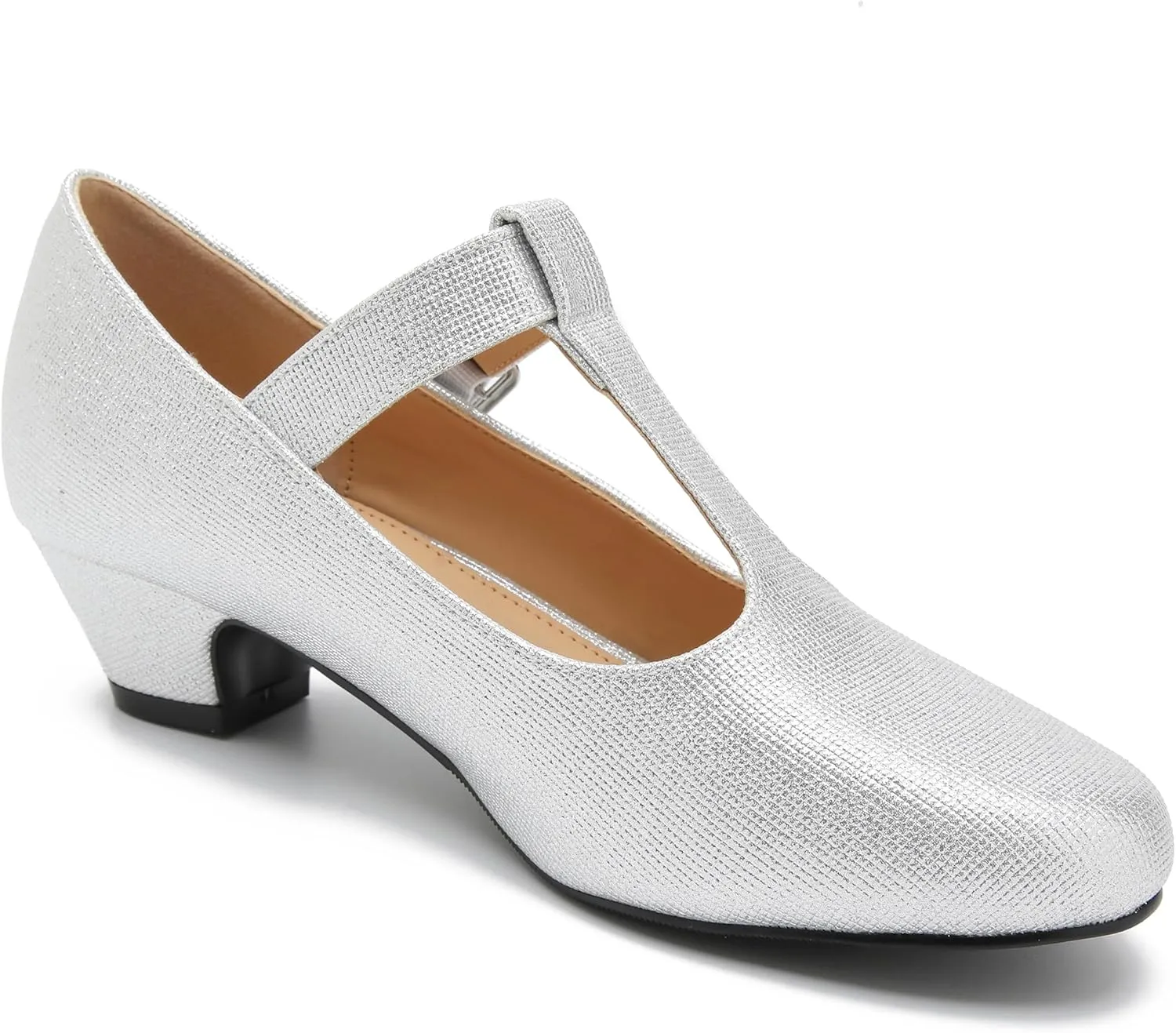 MAIERNISI JESSI Women's T-Strap Mary Jane Pumps Low Chunky Heel Wedding Dress Shoes