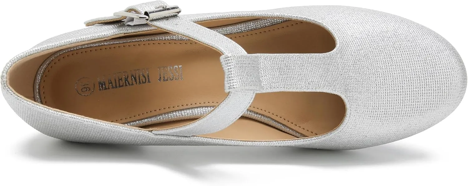 MAIERNISI JESSI Women's T-Strap Mary Jane Pumps Low Chunky Heel Wedding Dress Shoes