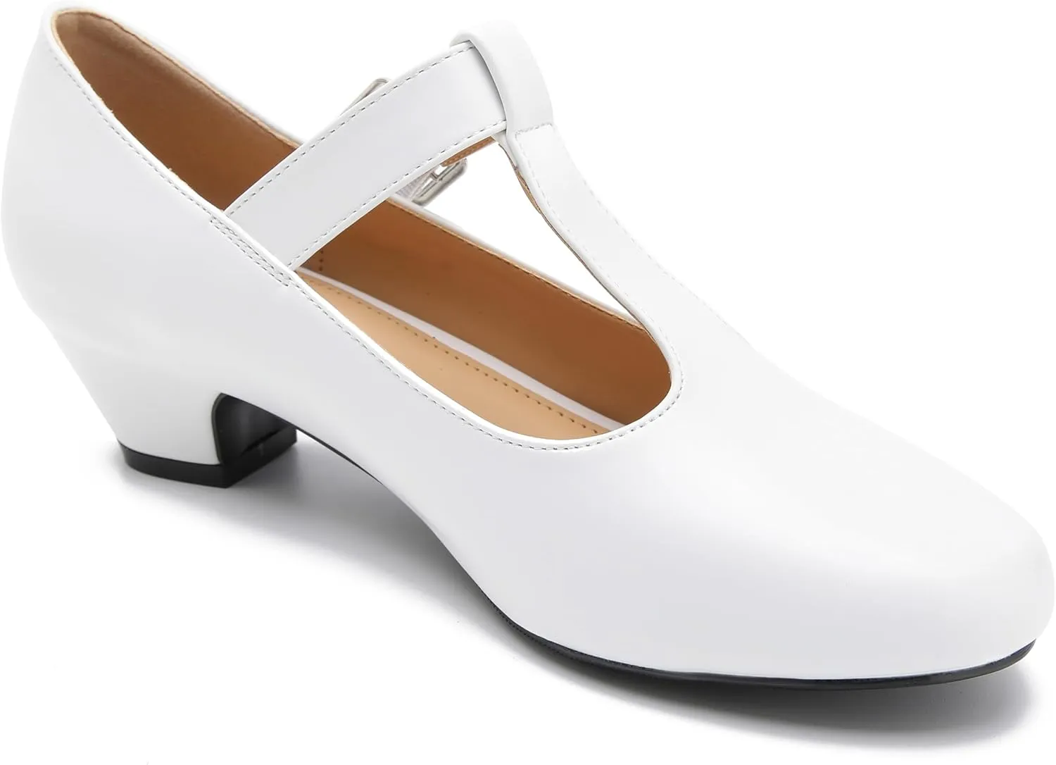 MAIERNISI JESSI Women's T-Strap Mary Jane Pumps Low Chunky Heel Wedding Dress Shoes