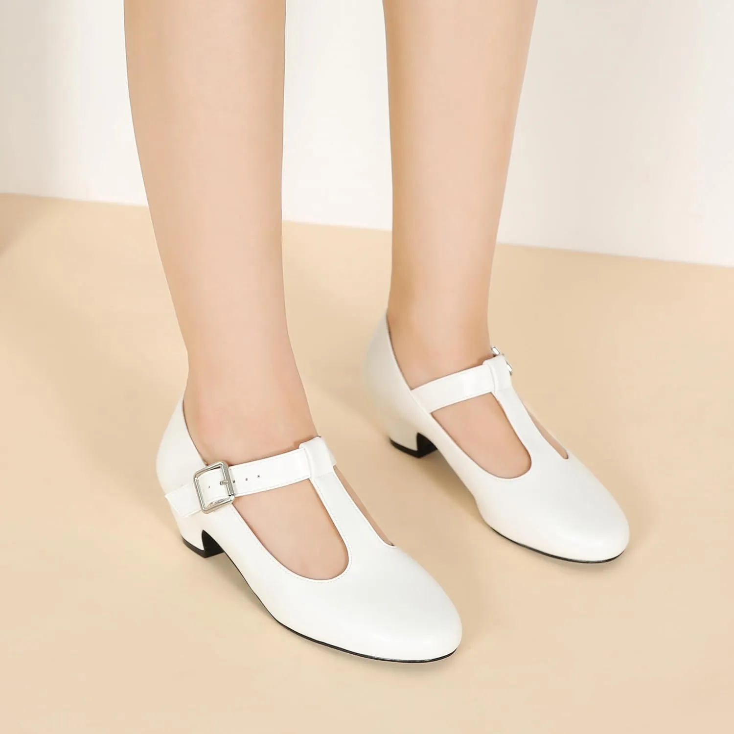MAIERNISI JESSI Women's T-Strap Mary Jane Pumps Low Chunky Heel Wedding Dress Shoes
