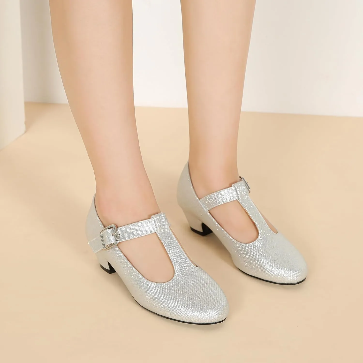 MAIERNISI JESSI Women's T-Strap Mary Jane Pumps Low Chunky Heel Wedding Dress Shoes