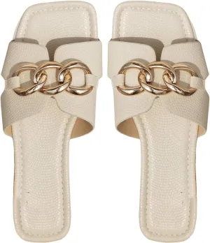 MakeMeChic Women's PU Leather Flat Sandals Square Open Toe Slip on Sandals Summer Shoes