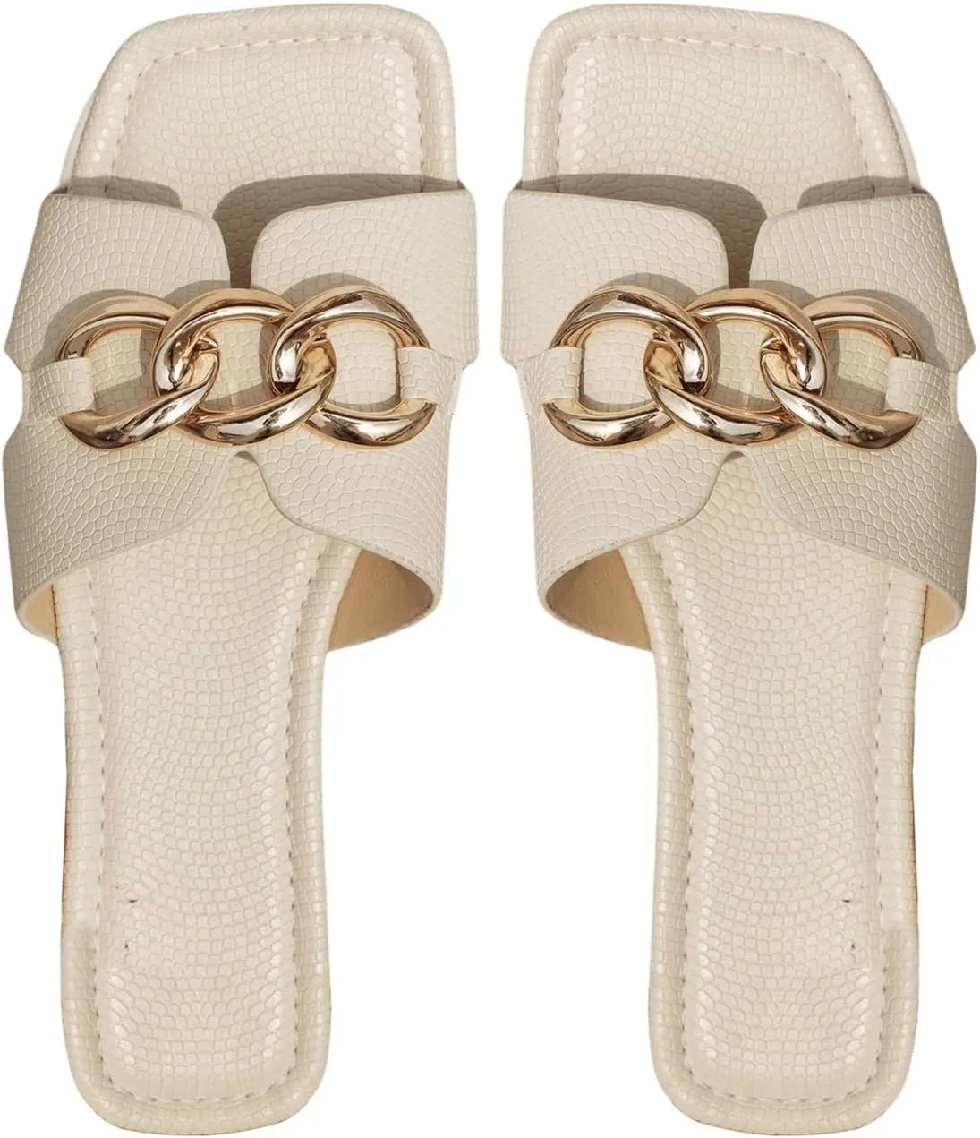 MakeMeChic Women's PU Leather Flat Sandals Square Open Toe Slip on Sandals Summer Shoes