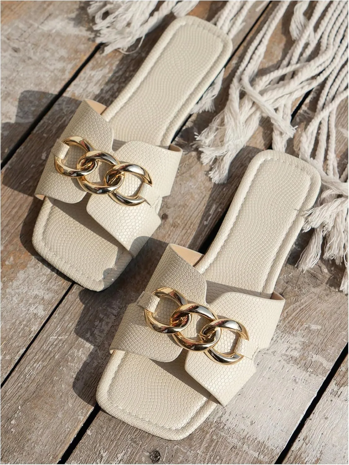 MakeMeChic Women's PU Leather Flat Sandals Square Open Toe Slip on Sandals Summer Shoes