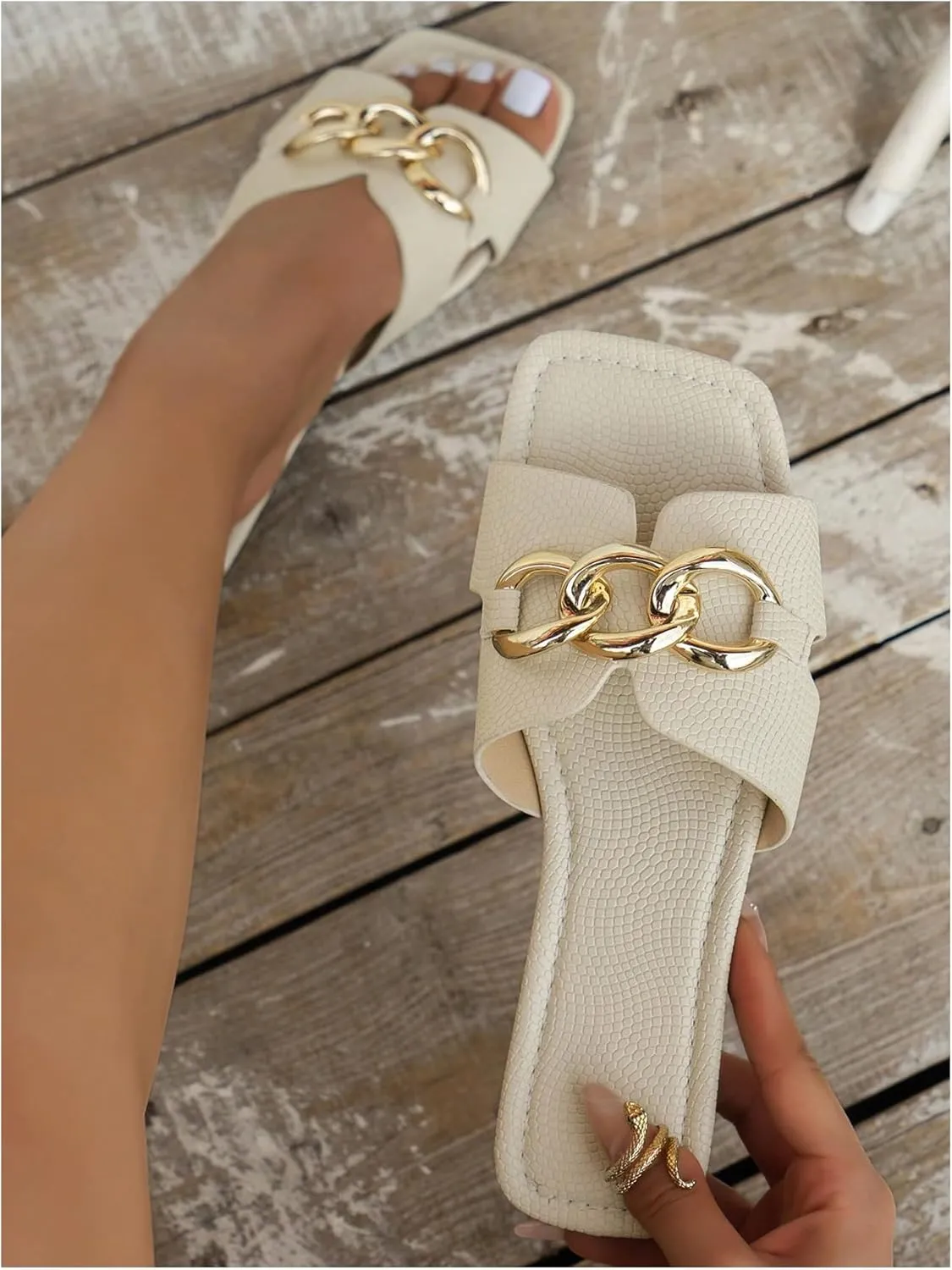 MakeMeChic Women's PU Leather Flat Sandals Square Open Toe Slip on Sandals Summer Shoes