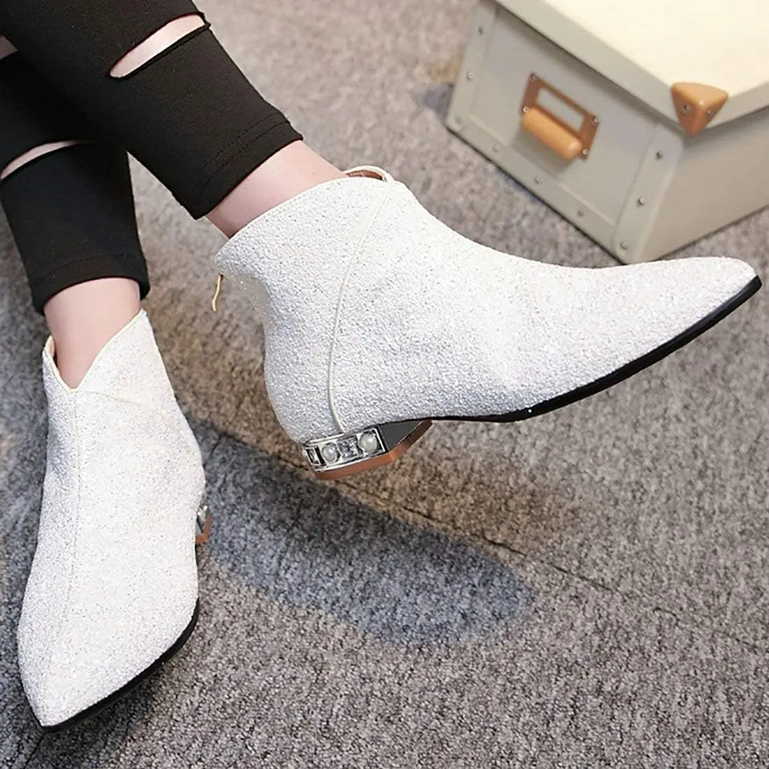 MAVMAX Sequin Low Heeled Ankle Boots Sparkly Block Heel Booties Shiny Glitter Flats Wedding Shoes for Women