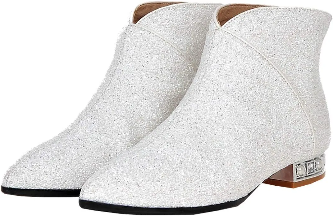 MAVMAX Sequin Low Heeled Ankle Boots Sparkly Block Heel Booties Shiny Glitter Flats Wedding Shoes for Women