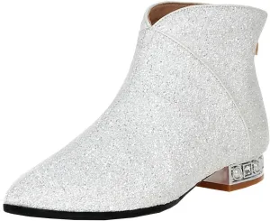 MAVMAX Sequin Low Heeled Ankle Boots Sparkly Block Heel Booties Shiny Glitter Flats Wedding Shoes for Women