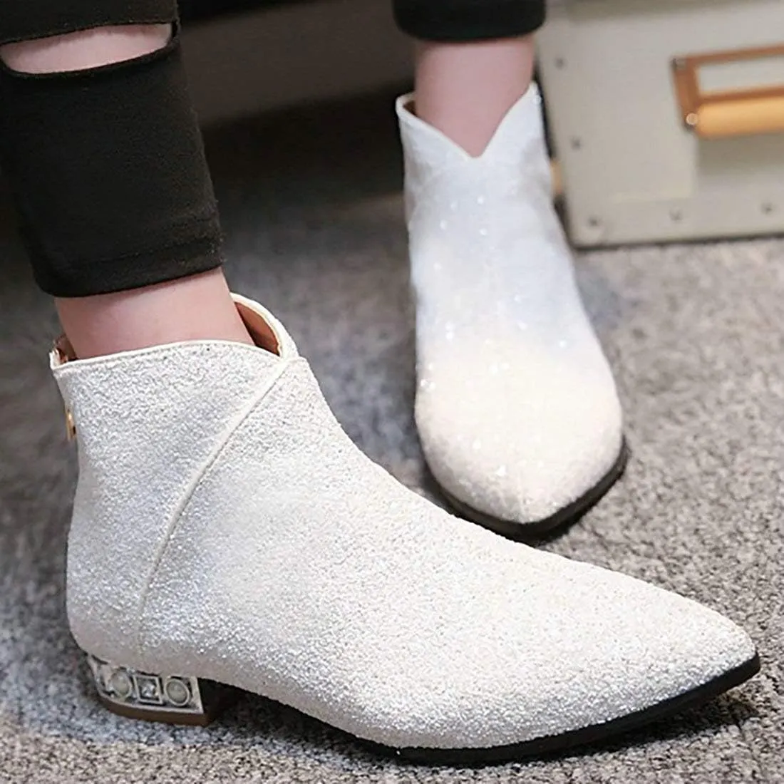 MAVMAX Sequin Low Heeled Ankle Boots Sparkly Block Heel Booties Shiny Glitter Flats Wedding Shoes for Women